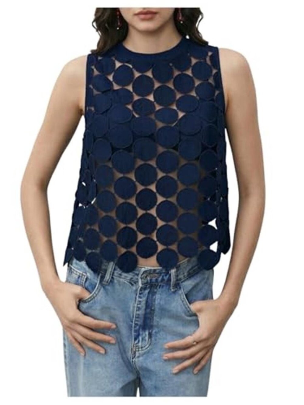 Sheer Polka Dot Dark Blue Tank Top Asymmetrical Sleeveless Mesh Boho Summer Top